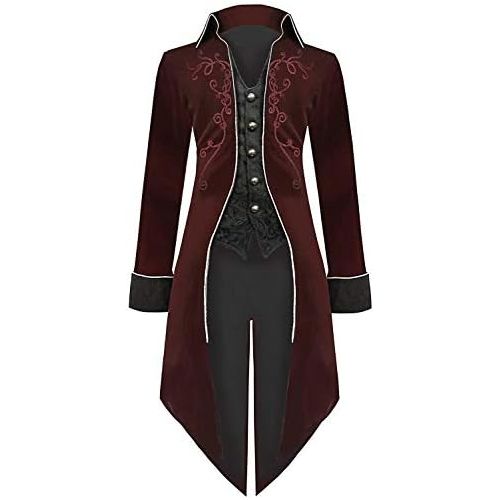  할로윈 용품Weigkous Mens Gothic Steampunk Tailcoat Jacket, Vintage Embroidery Velvet Mid-length Victorian Frock Coat Tuxedo Halloween Costumes