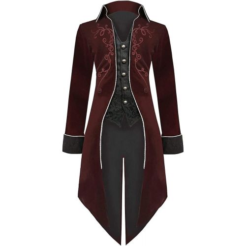  할로윈 용품Weigkous Mens Gothic Steampunk Tailcoat Jacket, Vintage Embroidery Velvet Mid-length Victorian Frock Coat Tuxedo Halloween Costumes
