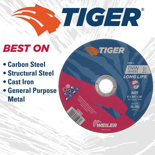  Weiler 57022 Tiger 6 Cutting Wheel, 0.045 Thick, Type 1, A60T, 7/8 A.H. (Pack of 25)