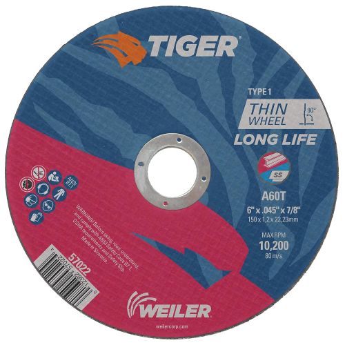  Weiler 57022 Tiger 6 Cutting Wheel, 0.045 Thick, Type 1, A60T, 7/8 A.H. (Pack of 25)