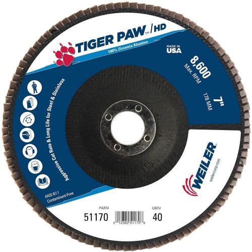  Weiler 51169 Tiger Paw XHD Super High Density Abrasive Flap Disc, Type 27 Flat Style, Phenolic Backing, Zirconia Alumina, 7 Diameter, 58-11 Arbor, 60 Grit, 8600 RPM (Pack of 10)