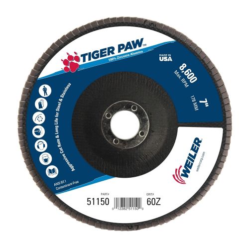  Weiler 51139 Tiger Paw High Performance Abrasive Flap Disc, Type 27 Flat Style, Phenolic Backing, Zirconia Alumina, 7 Diameter, 58-11 Arbor, 36 Grit, 8600 RPM (Pack of 10)