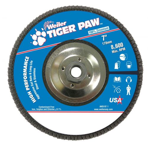  Weiler 51139 Tiger Paw High Performance Abrasive Flap Disc, Type 27 Flat Style, Phenolic Backing, Zirconia Alumina, 7 Diameter, 58-11 Arbor, 36 Grit, 8600 RPM (Pack of 10)