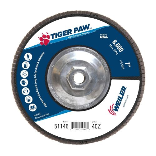  Weiler 51139 Tiger Paw High Performance Abrasive Flap Disc, Type 27 Flat Style, Phenolic Backing, Zirconia Alumina, 7 Diameter, 58-11 Arbor, 36 Grit, 8600 RPM (Pack of 10)