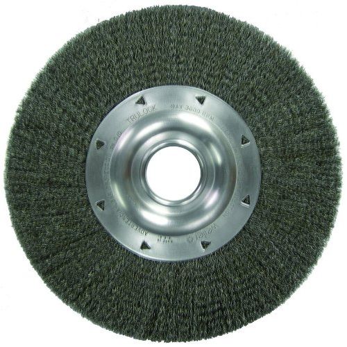  Weiler Trulock Wide Face Wire Wheel Brush, Round Hole, Steel, Crimped Wire, 12 Diameter, 0.014 Wire Diameter, 2 Arbor, 2-78 Bristle Length, 2 Brush Face Width, 3000 rpm