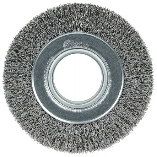  Weiler Trulock Wide Face Wire Wheel Brush, Round Hole, Steel, Crimped Wire, 12 Diameter, 0.014 Wire Diameter, 2 Arbor, 2-78 Bristle Length, 2 Brush Face Width, 3000 rpm