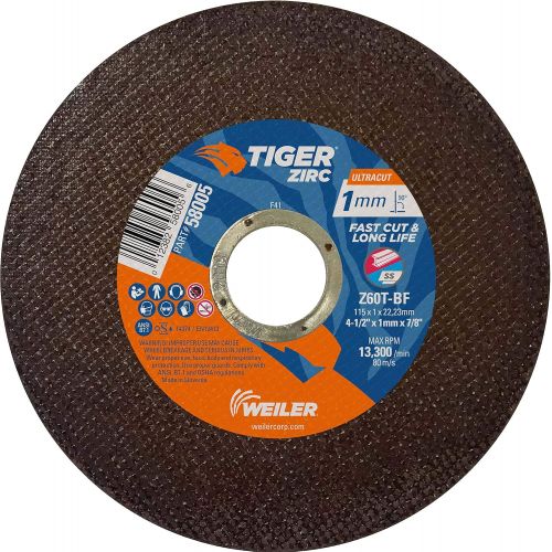  Weiler 58005 4-12 x 1mm Tiger ZIRC UltraCut Type 1 Thin Cutting Wheel, Z60T, 78 A.H. (Pack of 50)