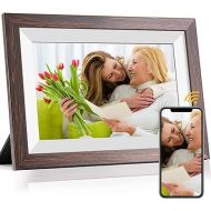 WiFi Digital Picture Frame 10.1 Inch Smart Digital Photo Frame with IPS Touch Screen HD Display, 16GB Storage Easy Setup to Share Photos or Videos Anywhere via Free Frameo APP (Brown Wood Frame)