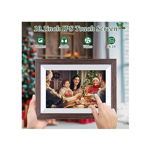  WiFi Digital Picture Frame 10.1 Inch Smart Digital Photo Frame with IPS Touch Screen HD Display, 16GB Storage Easy Setup to Share Photos or Videos Anywhere via Free Frameo APP (Brown Wood Frame)