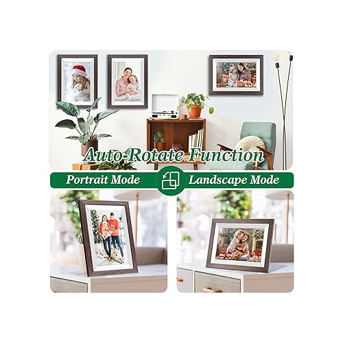  WiFi Digital Picture Frame 10.1 Inch Smart Digital Photo Frame with IPS Touch Screen HD Display, 16GB Storage Easy Setup to Share Photos or Videos Anywhere via Free Frameo APP (Brown Wood Frame)