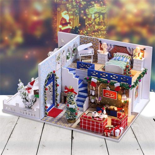 Weite 3D DIY Wooden Miniature House Kit, [Dust-Proof Cover Include] Creative Handmade Christmas Dollhouse with LED Light [Educational Puzzles Gift] (Multicolor)
