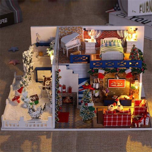  Weite 3D DIY Wooden Miniature House Kit, [Dust-Proof Cover Include] Creative Handmade Christmas Dollhouse with LED Light [Educational Puzzles Gift] (Multicolor)