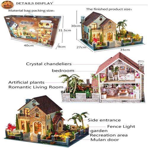  Weite 3D DIY Wooden Miniature House Kit, Creative Handmade Large Dollhouse with LED Light - Educational Puzzles [35x27x30cm] (Multicolor)