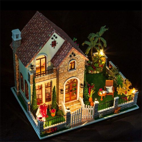  Weite 3D DIY Wooden Miniature House Kit, Creative Handmade Large Dollhouse with LED Light - Educational Puzzles [35x27x30cm] (Multicolor)