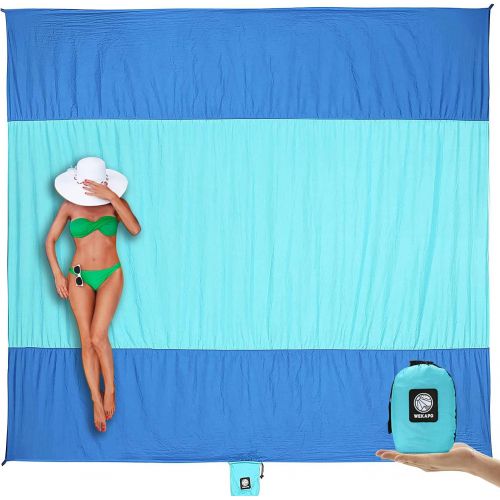  Wekapo Sand Free Beach Blanket, Extra Large Oversized 10X 9 for 7 Adults Beach Mat, Big & Compact Sand Proof Mat Quick Drying, Lightweight & Durable with 6 Stakes & 4 Corner Pocket