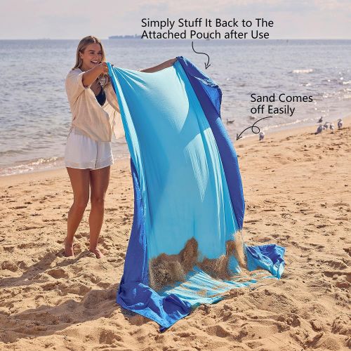  Wekapo Sand Free Beach Blanket, Extra Large Oversized 10X 9 for 7 Adults Beach Mat, Big & Compact Sand Proof Mat Quick Drying, Lightweight & Durable with 6 Stakes & 4 Corner Pocket