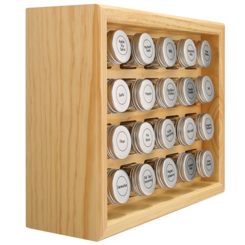  Welcare 100% Solid Wood Spice Rack, Includes 20 4oz Clear Glass Jars,315 Pre-Printed Labels.Fully Assembled.
