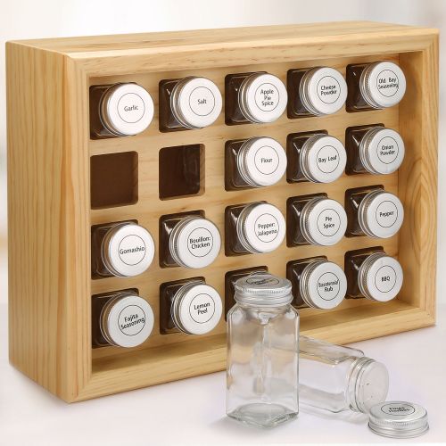  Welcare 100% Solid Wood Spice Rack, Includes 20 4oz Clear Glass Jars,315 Pre-Printed Labels.Fully Assembled.