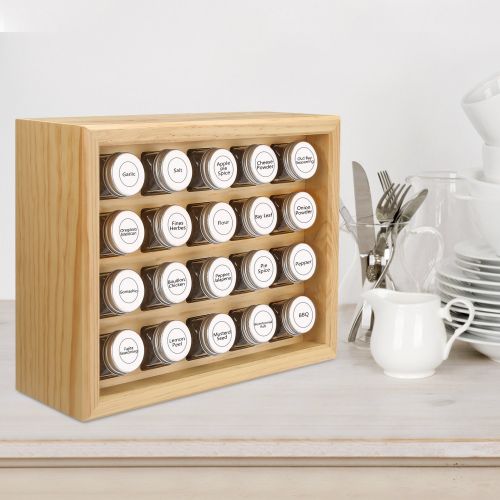  Welcare 100% Solid Wood Spice Rack, Includes 20 4oz Clear Glass Jars,315 Pre-Printed Labels.Fully Assembled.