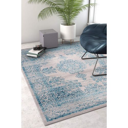  Well Woven FI-14-4 Firenze Cannes Modern Vintage Ethnic Medallion Distressed Blue Area Rug 33 x 5, 33 x 5,