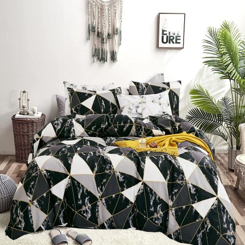  [아마존베스트]Wellboo Black Marble Comforter Black and White Geometric Triangle Bedding Sets Twin Cotton Marble Quilts Men Women Teens Gold Lines Crack Comforter Sets Soft Health Luxury Warm wit