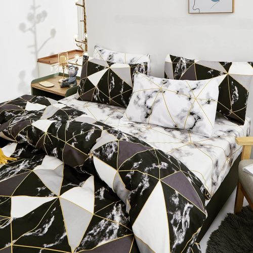  [아마존베스트]Wellboo Black Marble Comforter Black and White Geometric Triangle Bedding Sets Twin Cotton Marble Quilts Men Women Teens Gold Lines Crack Comforter Sets Soft Health Luxury Warm wit