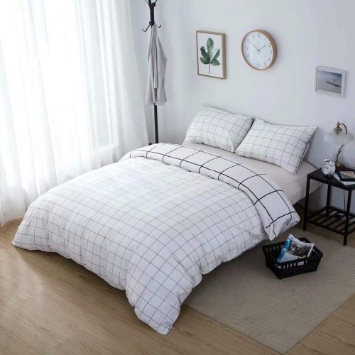  Wellboo White Comforter Covers Plaid Grid Cotton Duvet Covers Queen Checkered Boy Girl Bedding Sets Big Plaid Pattern Reversible Duvet Covers Mini Plaid Geometric Checkered Zipper