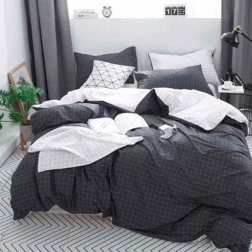  Wellboo White Comforter Covers Plaid Grid Cotton Duvet Covers Queen Checkered Boy Girl Bedding Sets Big Plaid Pattern Reversible Duvet Covers Mini Plaid Geometric Checkered Zipper