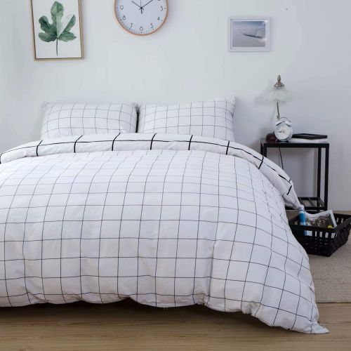  Wellboo White Comforter Covers Plaid Grid Cotton Duvet Covers Queen Checkered Boy Girl Bedding Sets Big Plaid Pattern Reversible Duvet Covers Mini Plaid Geometric Checkered Zipper