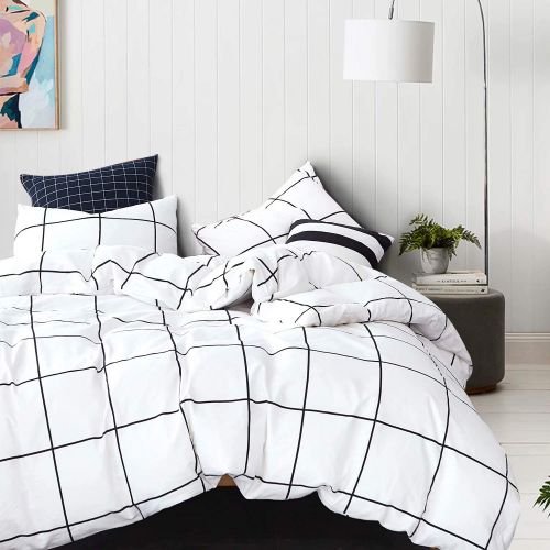  Wellboo White Comforter Covers Plaid Grid Cotton Duvet Covers Queen Checkered Boy Girl Bedding Sets Big Plaid Pattern Reversible Duvet Covers Mini Plaid Geometric Checkered Zipper