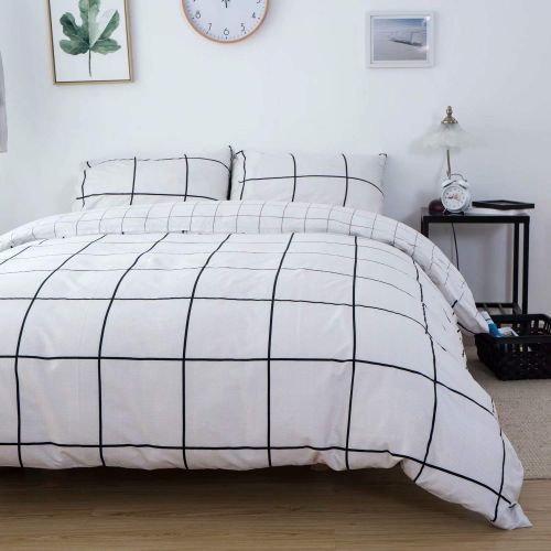  Wellboo White Comforter Covers Plaid Grid Cotton Duvet Covers Queen Checkered Boy Girl Bedding Sets Big Plaid Pattern Reversible Duvet Covers Mini Plaid Geometric Checkered Zipper