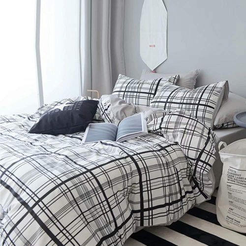  Wellboo White Comforter Covers Plaid Grid Cotton Duvet Covers Queen Checkered Boy Girl Bedding Sets Big Plaid Pattern Reversible Duvet Covers Mini Plaid Geometric Checkered Zipper