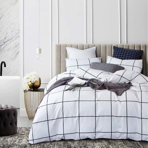  Wellboo White Comforter Covers Plaid Grid Cotton Duvet Covers Queen Checkered Boy Girl Bedding Sets Big Plaid Pattern Reversible Duvet Covers Mini Plaid Geometric Checkered Zipper