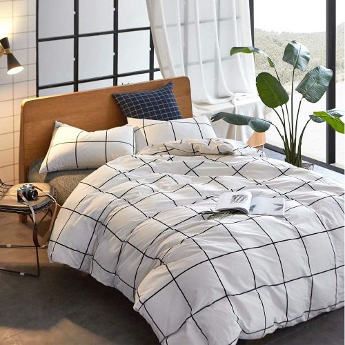  Wellboo White Comforter Covers Plaid Grid Cotton Duvet Covers Queen Checkered Boy Girl Bedding Sets Big Plaid Pattern Reversible Duvet Covers Mini Plaid Geometric Checkered Zipper