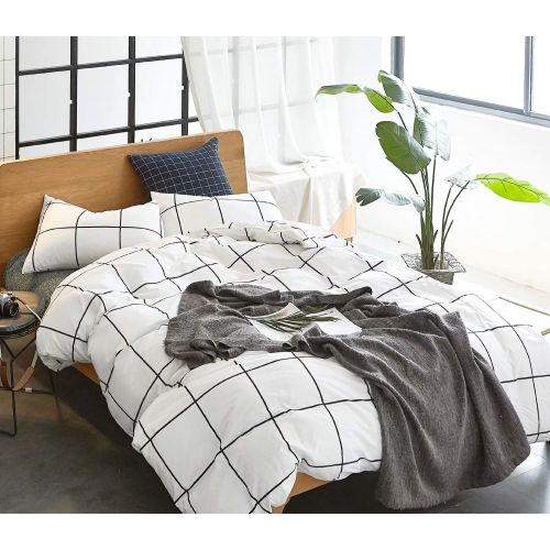  Wellboo White Comforter Covers Plaid Grid Cotton Duvet Covers Queen Checkered Boy Girl Bedding Sets Big Plaid Pattern Reversible Duvet Covers Mini Plaid Geometric Checkered Zipper