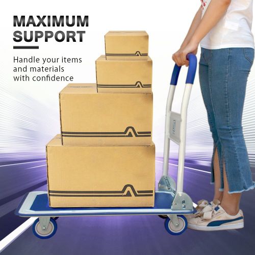  Push Cart Dolly by Wellmax, Moving Platform Hand Truck, Foldable for Easy Storage and 360 Degree Swivel Wheels with 660lb Weight Capacity, Blue Color