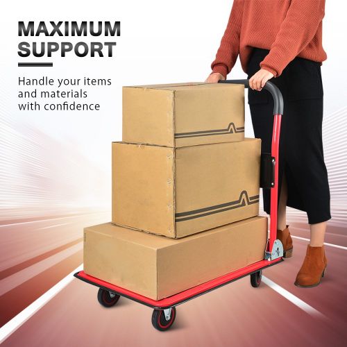  Push Cart Dolly by Wellmax, Moving Platform Hand Truck, Foldable for Easy Storage and 360 Degree Swivel Wheels with 330lb Weight Capacity, Red Color