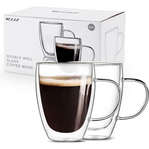  [아마존베스트]Wells [2-Pack,12 Oz] Double Wall Glass Coffee Mugs with Handle,Insulated Coffee Glass,Clear Espresso Cups,Glass Cappuccino Cups,Tea Cups,Latte Cups,Beverage Glasses,Heat Resistant,Dishwa