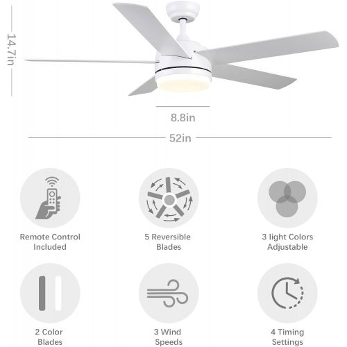  Wellspeed White Ceiling Fan with Lights and Remote Control , 52 Inch Ceiling Fan with Opal Glass and Reversible Daul Finish Blades