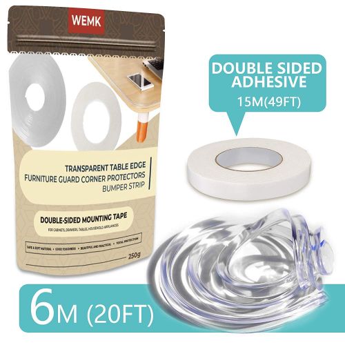  [아마존베스트]Wemk Transparent Table Edge Furniture Guard Corner Protectors Bumper Strip 1 Rolls 20ft(6.1m) with Double-Sided Mounting Tape for Cabinets, Drawers, Tables, Household Appliances et