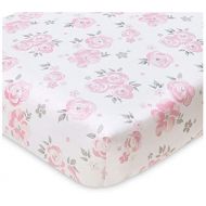 Wendy Bellissimo Nursery Bedding Baby Crib Bedding Fitted Sheet 200 Thread Count - Savannah Floral Grey, White + Pink