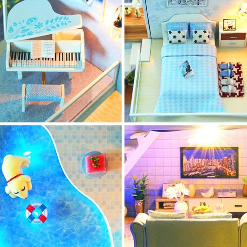  Wenjuan Miniature Dollhouse DIY Mini House Kit with Led Lights 3D Wooden Assembly DIY Toy House with Furniture and Accessories Creative Gifts for Age 6+ Kids Children Girls (A)