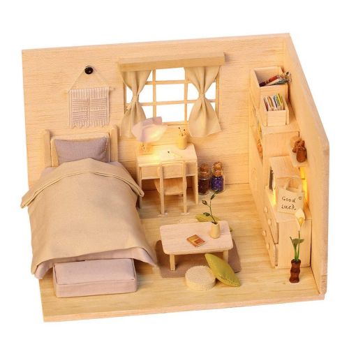  Wenjuan DIY Wooden Puzzle Dollhouse Miniatures LED House Furniture Kit Creative Room Educational Toy Brithday Gift Idea for Kids Boys Girls (A)