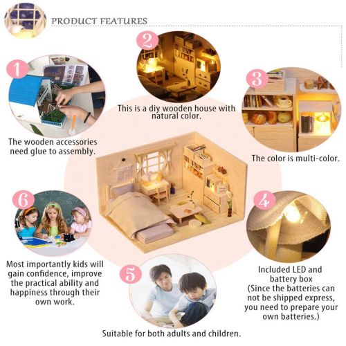  Wenjuan DIY Wooden Puzzle Dollhouse Miniatures LED House Furniture Kit Creative Room Educational Toy Brithday Gift Idea for Kids Boys Girls (A)