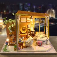 Wenjuan Wooden DIY Dollhouse Miniatures Kit Handmade 3D Puzzles LED Dollhouses Accessories Apartment House Gift for Women Girls Kids Children Birthday Gift (A)