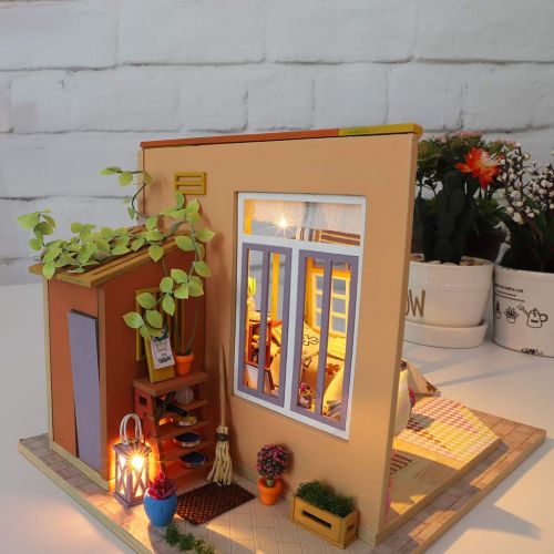  Wenjuan Wooden DIY Dollhouse Miniatures Kit Handmade 3D Puzzles LED Dollhouses Accessories Apartment House Gift for Women Girls Kids Children Birthday Gift (A)