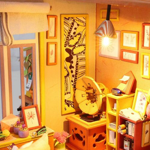  Wenjuan Wooden DIY Dollhouse Miniatures Kit Handmade 3D Puzzles LED Dollhouses Accessories Apartment House Gift for Women Girls Kids Children Birthday Gift (A)