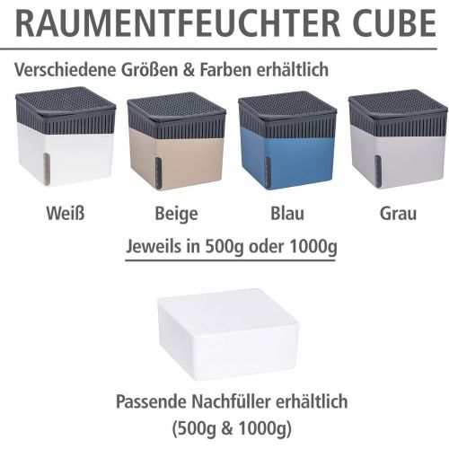  WENKO Raumentfeuchter Cube, Luftentfeuchter reduziert Schimmel und Gerueche, Auffangschale mit 500 g Granulatblock nachfuellbar, fasst bis zu 800 ml Feuchtigkeit, Masse (BHT): 13x13x1