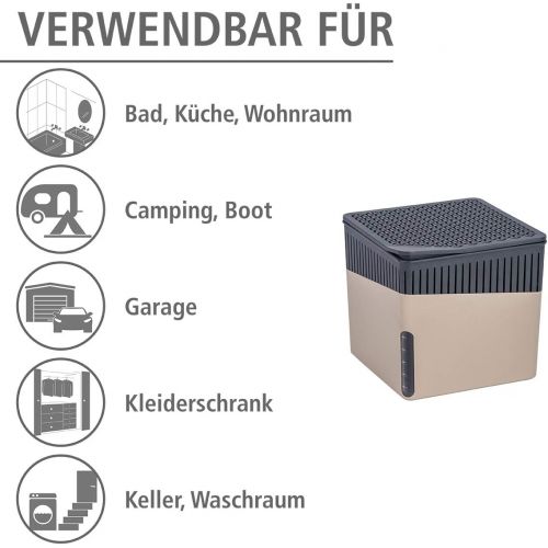  WENKO Raumentfeuchter Cube, Luftentfeuchter reduziert Schimmel und Gerueche, Auffangschale mit 500 g Granulatblock nachfuellbar, fasst bis zu 800 ml Feuchtigkeit, Masse (BHT): 13x13x1