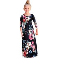 WensLTD Girls Floral Flared Pocket Maxi Three-Quarter Sleeves Long Maxi Princess Party Dress